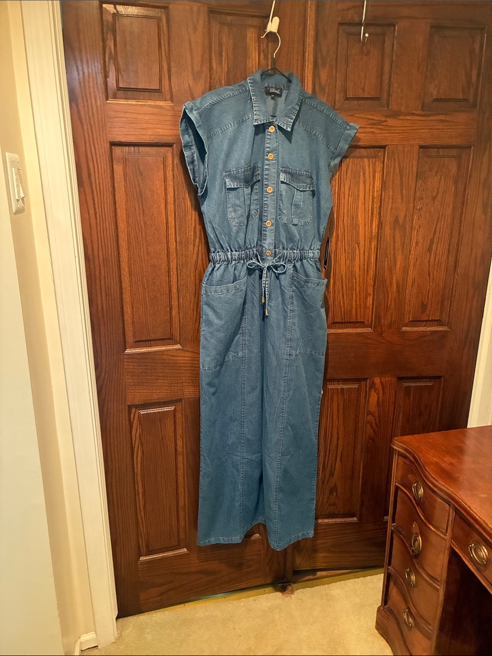 Short Sleeve NWT Denim Jumpsuit with Drawstring Waist - Blue